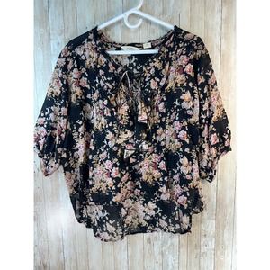 Vintage Denim & Supply Ralph Lauren Women's Top SP‎ Black Floral Ruffle Lace Up